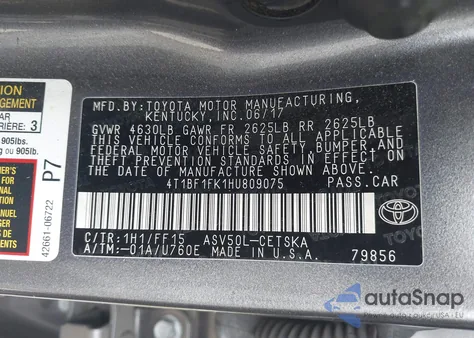 2017 Toyota Camry Se from USA, damaged, VIN 4T1BF1FK1HU809075